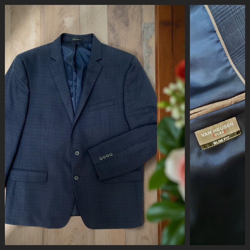 Men's Dark Blue Plaid Classic Suit Blazer Slim Fit